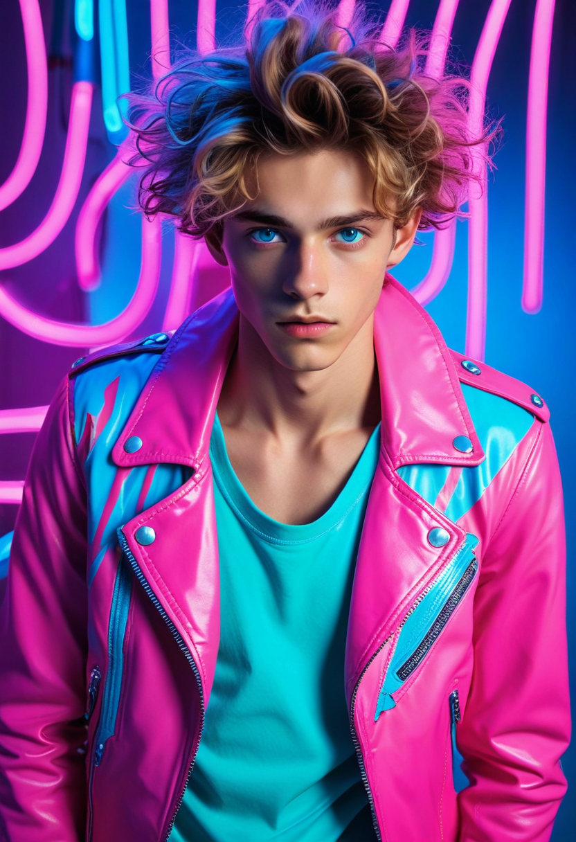 19yo (psychedelic dreamland:1.4) skinny male model twink (candyland:1.4), pink, cyan, wild hair, smooth, multicolor vivid leather jacket, neon lighting, light-blue-eyes, insane composition, expressive, <lora:sdxl_lightning_8step_lora:1>
