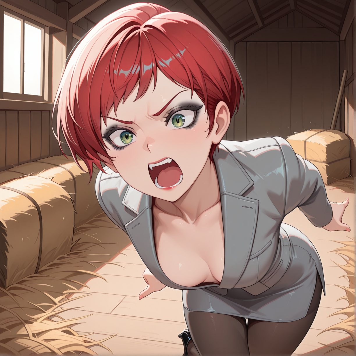 masterpiece, best quality, absurdres,
1phelia, 1ph makeup, pointing_at_another, yelling,
1ph jacket, 1ph skirt, black_pantyhose, black pumps,
upper_body, solo,
barn, wooden floor, hay,