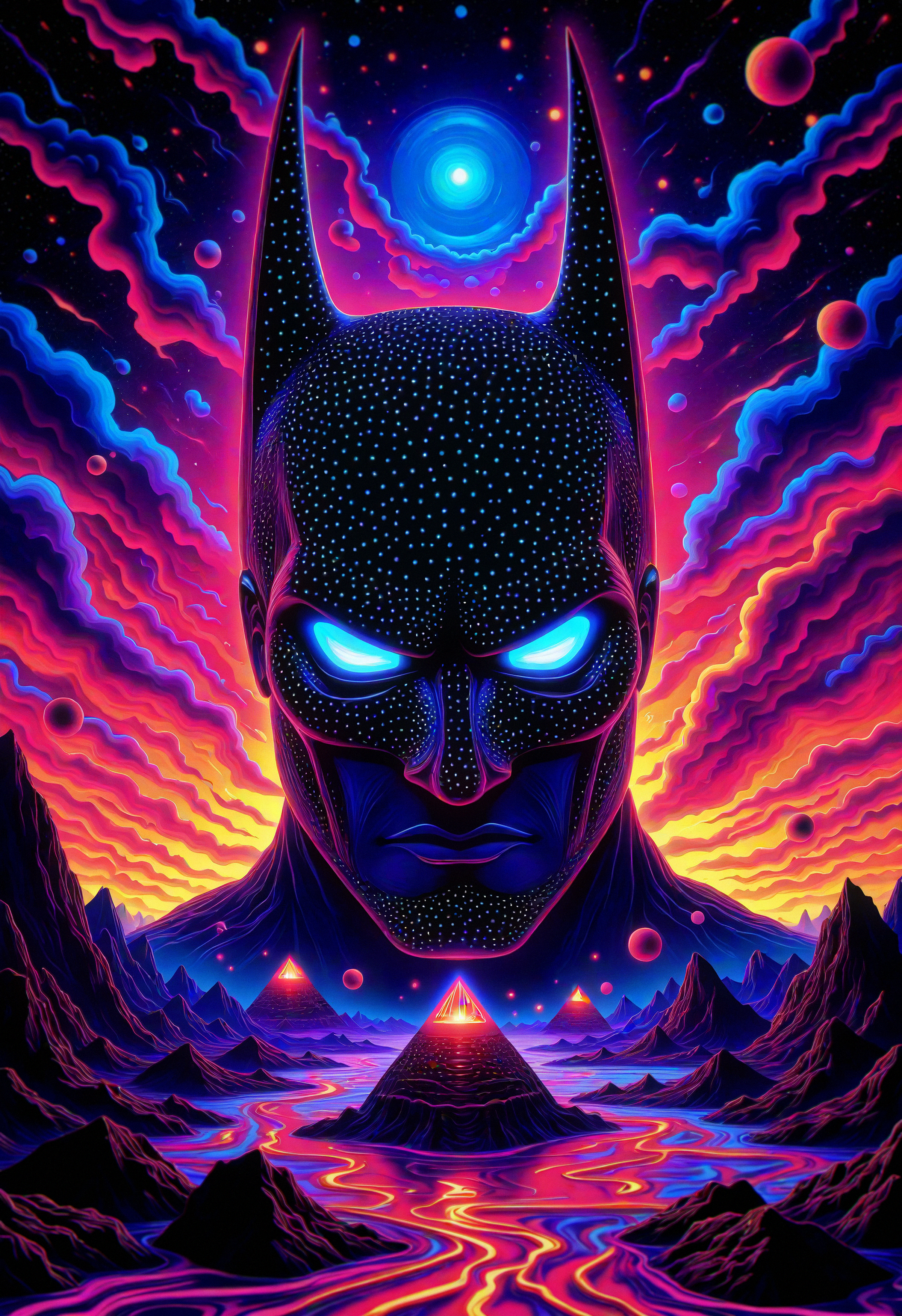 A giant batman head, with infinite eyes spread across its surface, emerges from the horizon. Floating pyramids orbit around it, casting surreal shadows on the distorted landscape below. In the background, a sky filled with swirling neon clouds and streaks of light creates a psychedelic atmosphere, as the ground ripples like liquid beneath the head.  , ,Fine Grain, <lora:Flux\boFLUX Psychedelic Surrealism v1.safetensors:1.0:1.0>