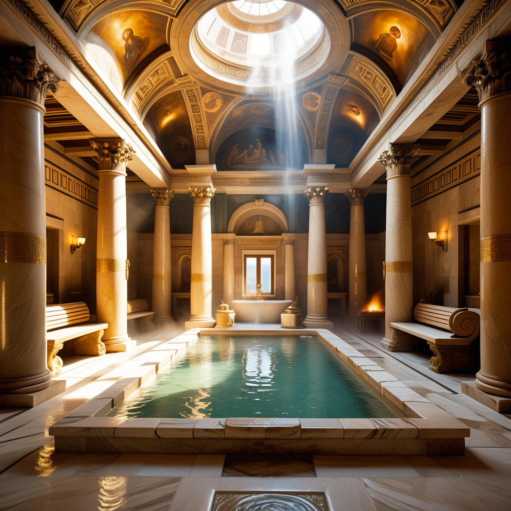 A highly detailed and realistic photograph of an ancient Roman sauna (thermae) from the time of Caesar, featuring grand marble architecture with intricate carvings and columns. The central bath is filled with steaming water, surrounded by polished marble tiles and mosaics depicting mythological scenes. The room is illuminated by natural light streaming through small openings in the high, domed ceiling, creating soft shadows and reflections on the water's surface. The atmosphere is hazy from the steam, and a few individuals dressed in Roman togas and tunics can be seen reclining on benches or chatting near the bath. The overall color palette includes shades of white, gold, and earthy tones, emphasizing the luxurious and serene environment.<lora:SDXLFaeTastic2400:0.4> <lora:extremely_detailed:0.4> extremely detailed, Masterpiece,best quality,hi res,8k,hi res,8k,award winning,(sharp focus, intricate, highly detailed),