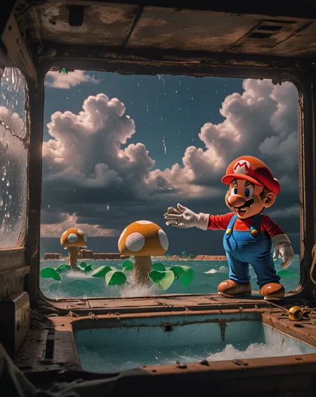 <lora:SMB Artstyle - V1 - Trigger is SMB Artstyle:1> smb artstyle, Film scene showcasing smb artstyle , on a broken-down pirate ship in a drained water park, under starlit skies, taken from the ship's bow, sailing through memories.