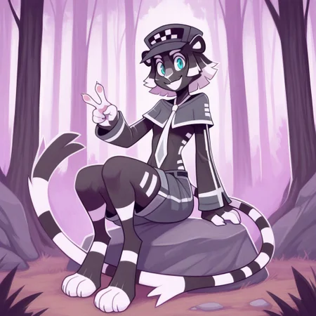 Charthur(F), Solo, 1girl, anthro, furry female, catgirl, tiger, Black fur, striped fur, striped fur, black and white hair, short hair, aqua eyes, white nose, long tail, Bushy tail, black cap, white necktie, covered shoulder, shorts, looking at viewer, v, full body, smiling, sitting on rock, forest background