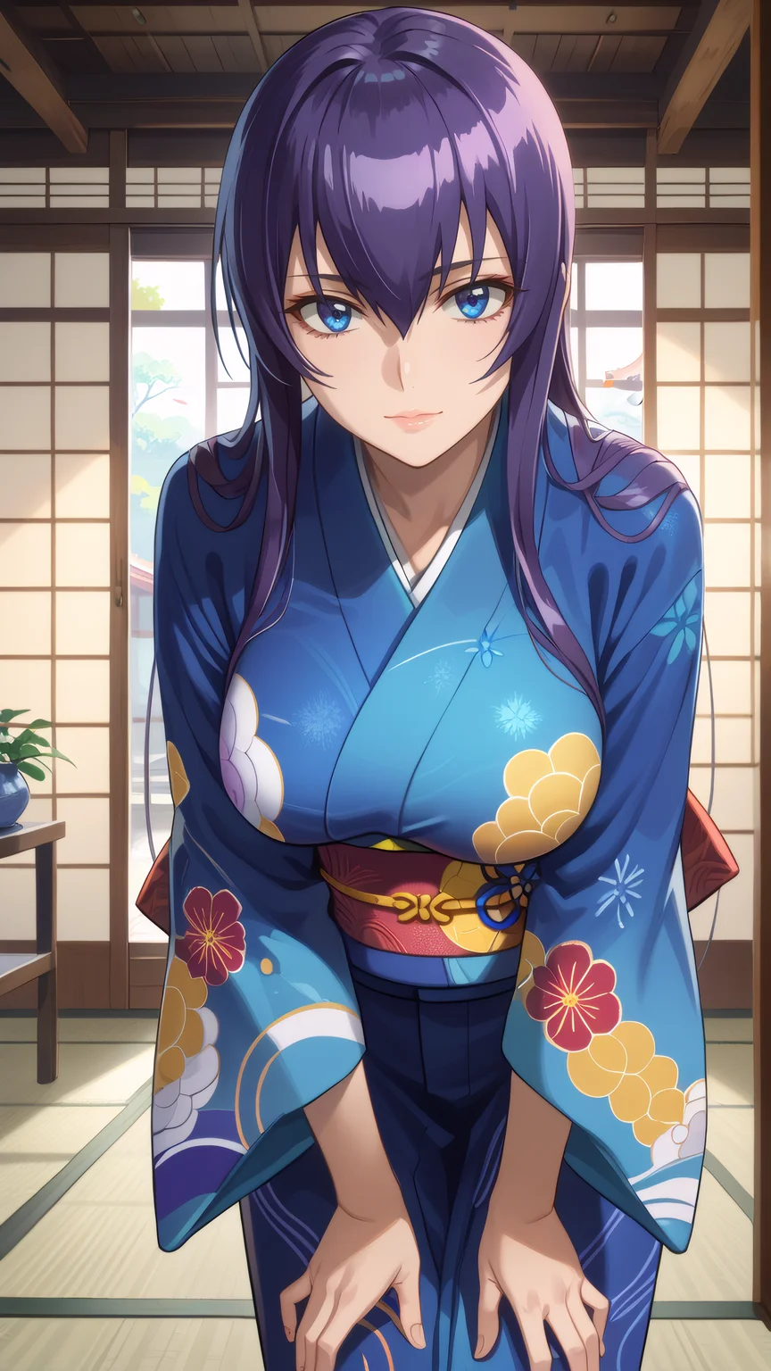 score_9, score_8_up, score_7_up, 1girl, looking at viewer, cowboy shot, 
<lora:Saeko_Busujima_Dwnsty_r1:0.8>, saeko_busujima, purple hair,  blue eyes, long hair, hair between eyes, japanese clothes, multicolored kimono, obi, sash, blue kimono, wide sleeves,
lips, light smile, expressionless, large breasts, 
indoors, dojo, standing, leaning forward, apologizing, bent over, hands on own legs,