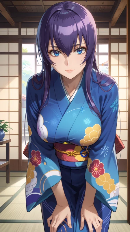 score_9, score_8_up, score_7_up, 1girl, looking at viewer, cowboy shot,
<lora:Saeko_Busujima_Dwnsty_r1:0.8>, saeko_busujima, purple hair, blue eyes, long hair, hair between eyes, japanese clothes, multicolored kimono, obi, sash, blue kimono, wide sleeves,
lips, light smile, expressionless, large breasts,
indoors, dojo, standing, leaning forward, apologizing, bent over, hands on own legs,