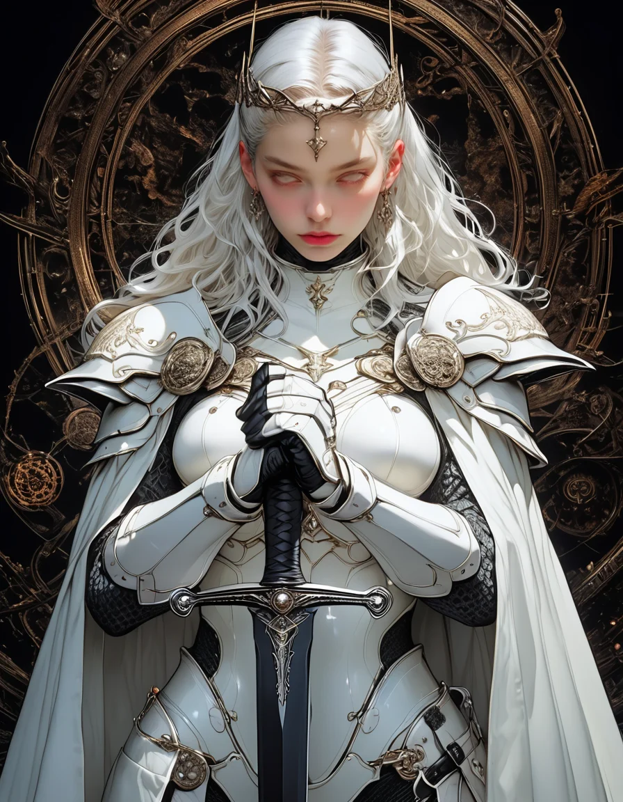 (score_9, score_8_up, score_7_up), source_anime,
(best-quality, masterpiece, masterful details, visual storytelling:1),
highly detailed, ultra-high resolution, 32K UHD, sharp focus, with a high-end texture, dynamic posture, concept art, (fine art cg),
BREAK
mature female, 20 years old, black eyes, beautiful russian korean chinese mixed girl, Delicate face,
(half-closed eyes, serious expression),
BREAK
white hair, single braid,
BREAK
big breasts
BREAK
wearing a white armor and white stall, tech wear, holy knight,
BREAK
standing, sword /(weapon/), (holding swords, floating:1) ,
glowing weapon, (glowing effect, fluid)
BREAK
extreme light and shadow, (shoot from above), dutch angle, dynamic_angle, cinematic_angle, three-quarter view, (PERSONA5)
BREAK
(dark castle background, long shot, waist shot)
BREAK
<lora:add_brightness_XL:0.1>
<lora:add_contrast_XL:0.>
<lora:add-lowkey_v1.1:0.>
<lora:add_outline_XL:0.1>
<lora:add_saturation_XL:0.>
<lora:add_sharpness_XL:0.2>
<lora:add-detail-xl:0.7>
<lora:d\EnvyZoomSliderXL01:-0.5>
detailxl, niji style, impasto,
<lora:Sinozick_Style_XL_Pony:0.5> sinozick style, flat color, dark theme
<lora:Face-porn master-asian beauty face-pony-v1:0.2>
<lora:merged:0.2> <lora:n30nXLP:0.3> n30n, neon lights, glowneon, glowing, pink neon lights background