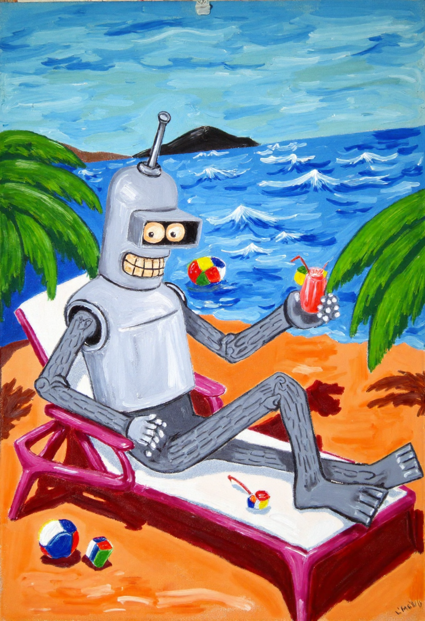<lora:Thrift_Store_Paintings_FLUX:1>
The image is a vibrant, expressive painting on canvas depicting a scene of Bender on the beach, lounging, drinking a tropical drink