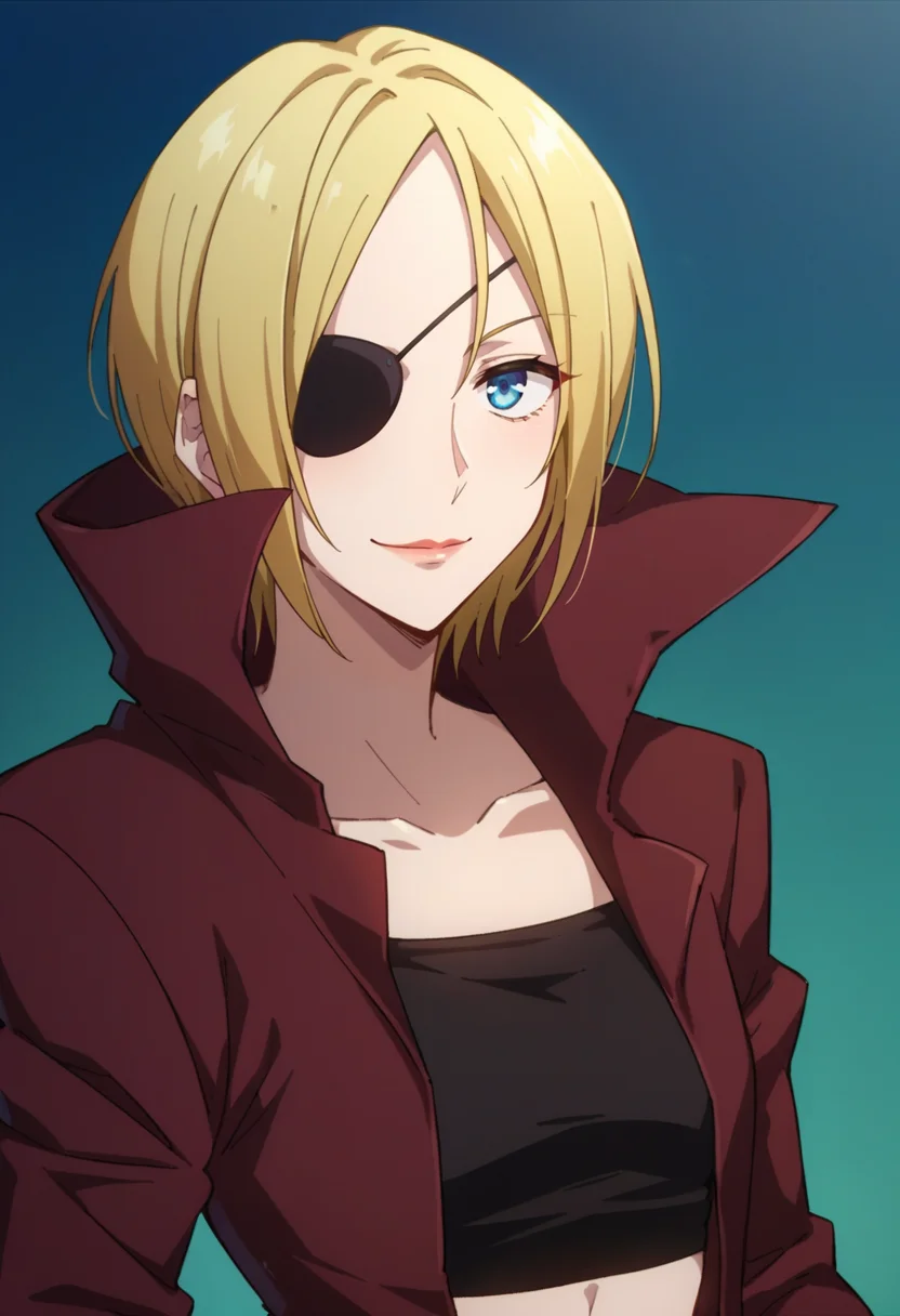 score_9,score_8_up,score_7_up,score_6_up,score_5_up,score_4_up,anime coloring,source_anime,<lora:K.K._Kekkai_Sensen_Pony:0.8>,kk,1girl,blue eyes,blonde hair,short hair,eyepatch,lipstick,black tube top,red coat,navel,smile,multicolored background,portrait,upper body,looking at viewer,