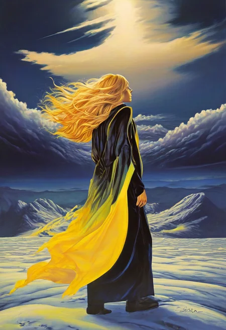 1woman, blonde hair, she's the grim reaper, facing away, rocky hill, standing, black robe blowing in the wind, clouds, sky, sunset, stars, cosmic, in meditation, ultra detailed landscape, bright yellow energy surrounding surrounding her, volumetric lighting, ultra detailed clothes, ultra detailed body, ultra detailed hair, looking at an ancient city made of blue crystals is in the distance, serenity, glowing,
by Natalia Rak and Barclay Shaw in the style of Jessica Rossier, <lora:EnvyAnimeWatercolorXL02:0.60> , Elmore_Style_LX <lora:Elmore_Style_LX-000011:0.60>