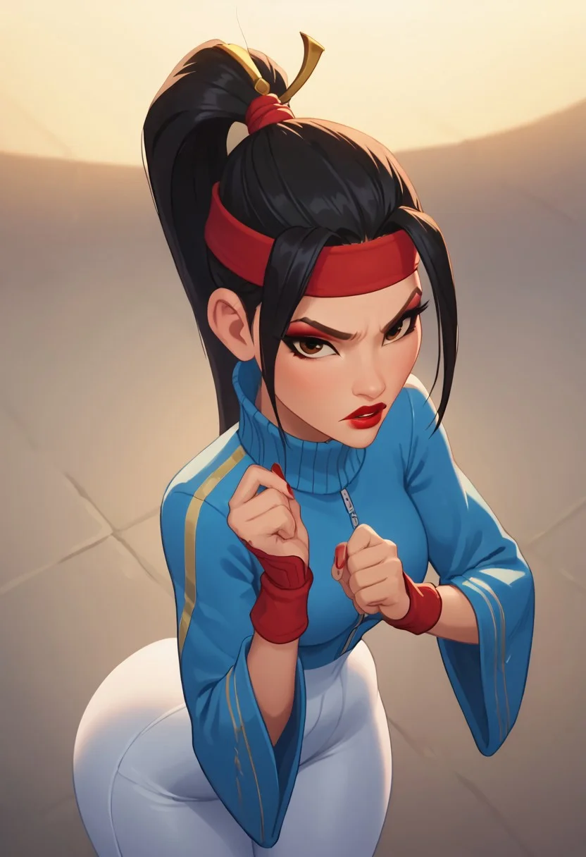 score_9, score_8_up, score_7_up, ultra quality, solo, 1girl, chang'e_tt, 1girl, asian, high ponytail (black hair, red headband), big eyelashes, brown eyes, makeup, red eyeshadow, red lipstick, red nails, red wristbands, blue track jacket (turtleneck, wide sleeves), light blue spandex, angry, pouting, big hips, big butt, bubble butt, breasts, narrow waist, curvy, score_9, score_8_up, score_7_up, score_6_up, looking at the viewer, standing, close up, view from above, face focus, screencap