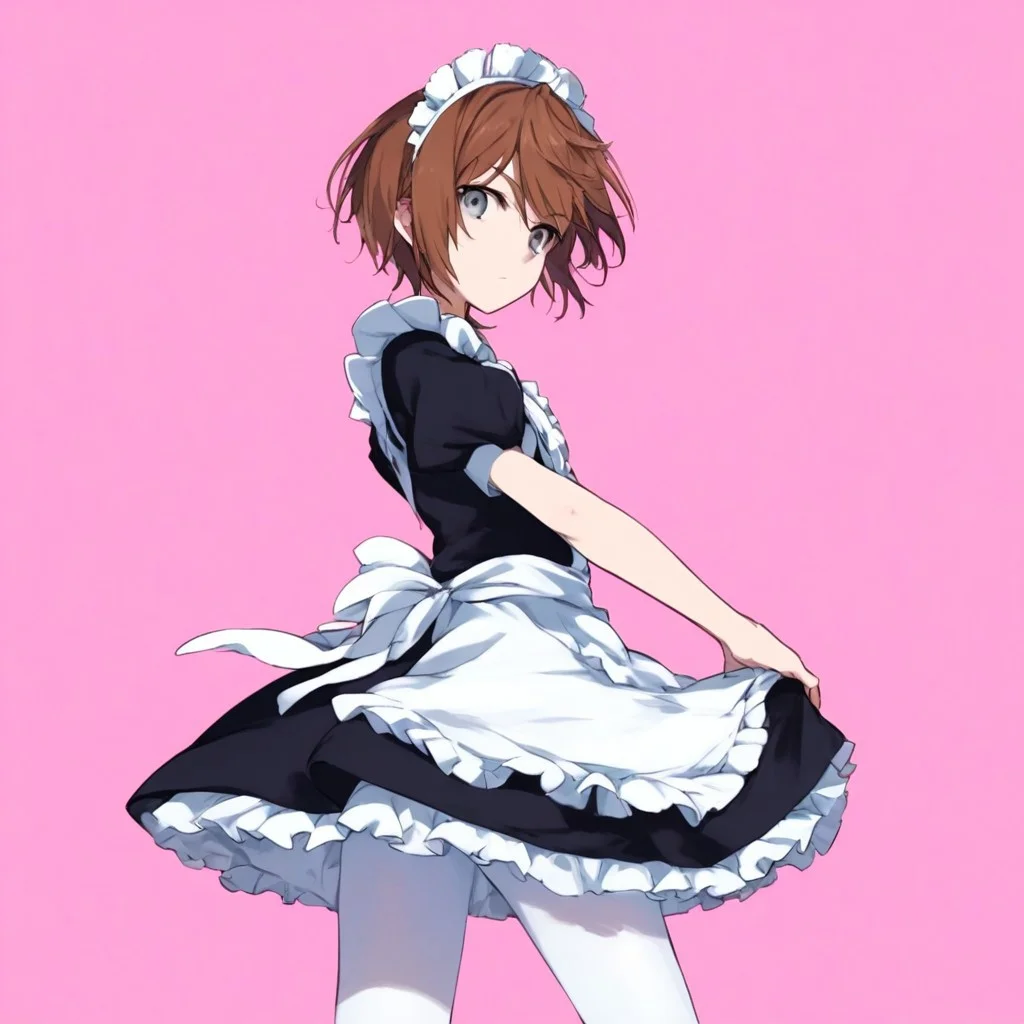 anime coloring, score_9, score_8_up, score_7_up, score_6_up, kinuhata saiai, toaru, 1girl, solo, maid, brown hair, apron, maid headdress, short hair, maid apron, gray eyes, pantyhose, looking at viewer, pink background, frills, dress, white pantyhose, short sleeves