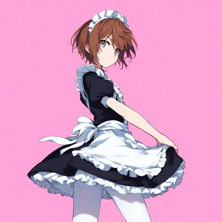 anime coloring, score_9, score_8_up, score_7_up, score_6_up, kinuhata saiai, toaru, 1girl, solo, maid, brown hair, apron, maid headdress, short hair, maid apron, gray eyes, pantyhose, looking at viewer, pink background, frills, dress, white pantyhose, short sleeves