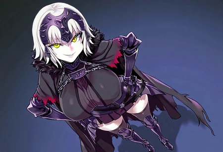 1girl (human, Jeanne d'Arc Alter, white hair, short hair, yellow eyes, headpiece, black armor, breastplate, short dress, armored skirt, vambraces, underbust, metal collar, fur-trimmed capelet, cloak, belt, thighhighs, armored boots, thighhighs under boots, solo girl, Jeanne alter looks smug as she defeated a Minotaur.
Artist Style: Asanagi, massive cock