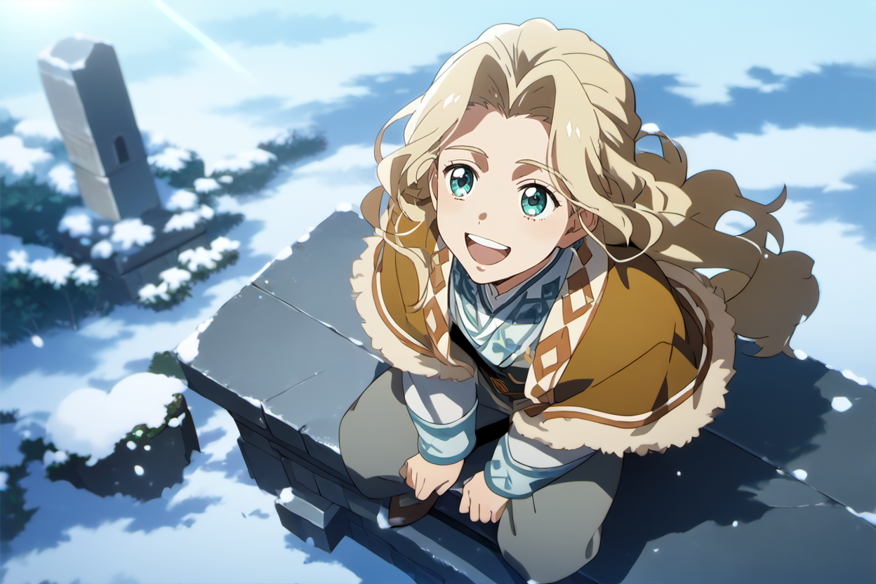 score_9, score_8_up, score_7_up, masterpiece, best quality, 1boy, solo, young boy,    <lora:YeLimingPony:1>, solo, aqua eyes, blonde hair, long hair, warm clothes, fur, winter, smile, open mouth, look up, sunshine, full body, stone citadel, sitting on windowsill, <lora:Anime_Screencap:0.8> anime screencap
