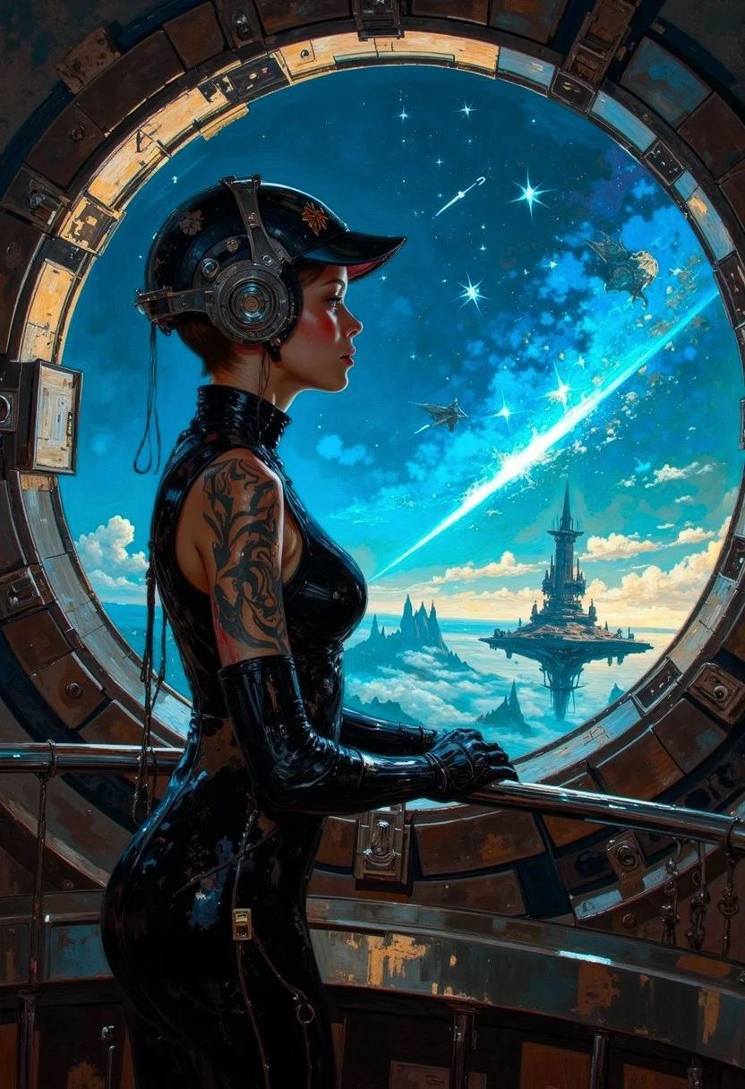 On the deck of a 30th Century spaceship, a flight commander watches shooting stars go by in the void.