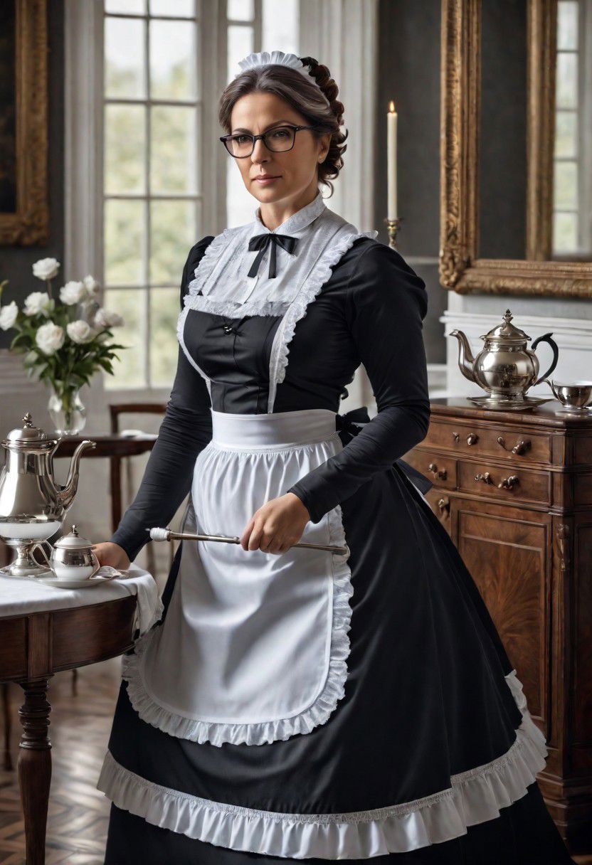 full body shot of a beautiful 45 year old woman, medium length brown hair streaked with gray, gray eyes, glasses, square face, rounded cheeks, hourglass figure, slightly overweight, victorian maid, standing in a victorian parlor, serving tea