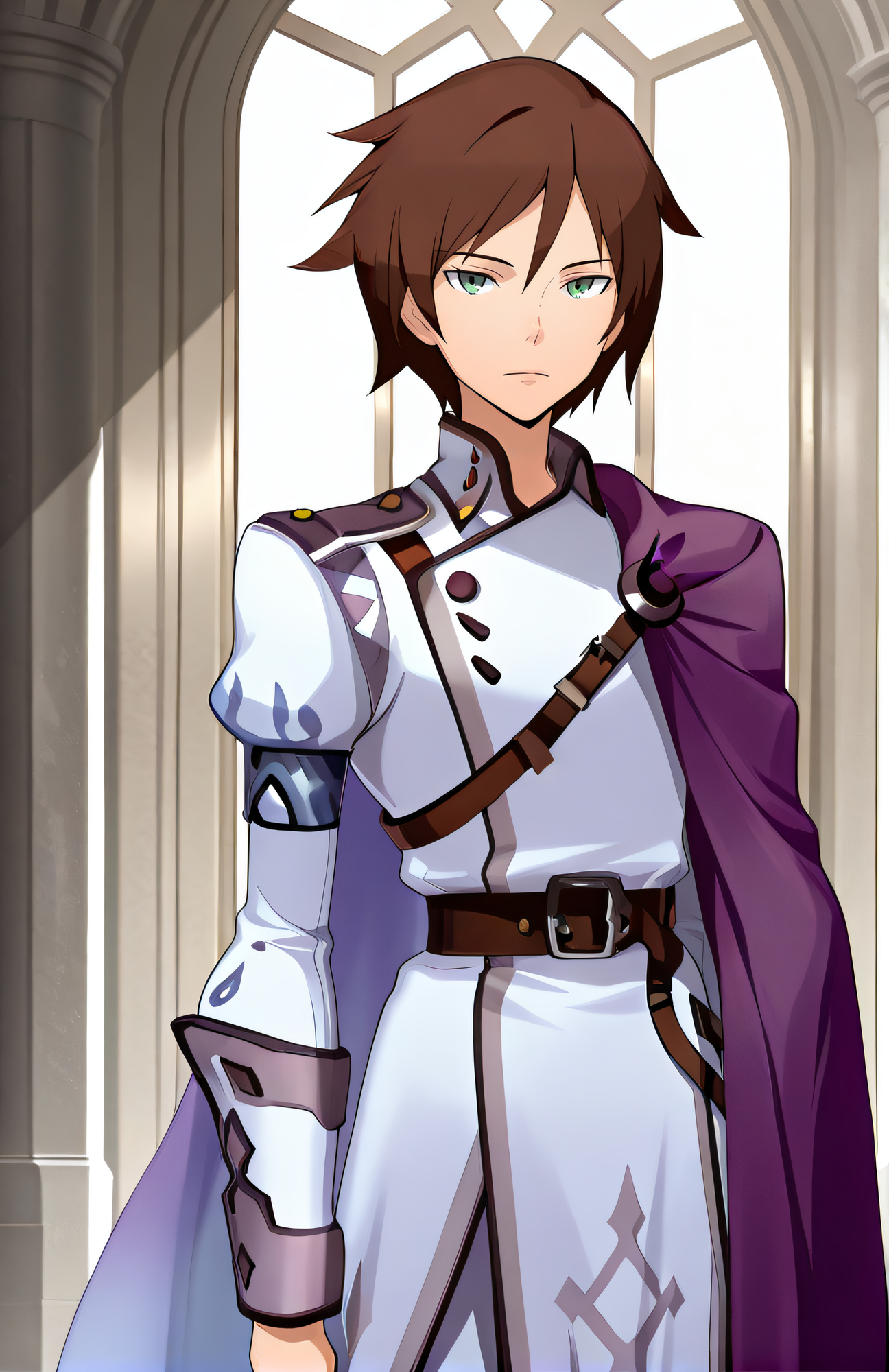 masterpiece, best quality, highres, newest, official artstyle, extremely detailed CG, 1boy, solo, <lora:LArc_Bright_Lagoon:1>, LArc, brown hair, green eyes, Weiss Garb, purple cape, looking at viewer, expressionless, cowboy shot, indoor, frontal view