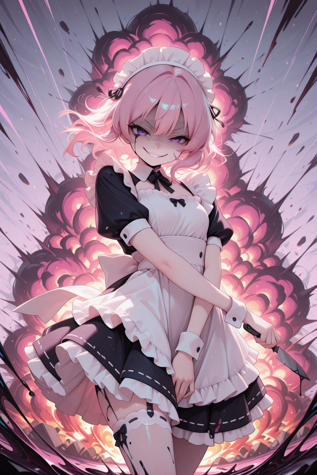embedding:lazympos, 1girl, CivChan, purple eyes, pink hair, maid outfit, freefall, inksplat, pastel colors, holding knife, candy, explosion, abstract, demented, evil grin, ink_splash, cinematic <lora:TrendCraft_The_Peoples_Style_Detailer-v1.0A-3_13_2025-illustrious:0.2> <lora:CivChan:0.9>