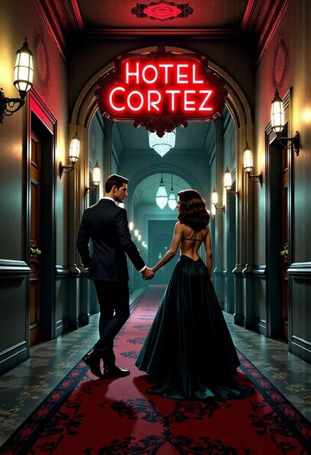 The hotel Cortez is constructed in the Art Deco architectural style, inspired by the golden era of Hollywood. 
The building is grey and a large neon sign with the words "Hotel Cortez" in art-deco style. 
The place evokes time lost, regrets, sorrow, pain, murder, grim, creepy, scary, terror, death. 
The hallways are painted in light grey green with multiple wooden elements on the ceiling as well as piping and light fixtures. There are several slip-shade Art Deco style wall sconces between the rooms' doors. The carpet is designed in black, yellow and dark red with polygon stamps. 
Dark,mysterious,haunting,dramatic,ornate,detailed.