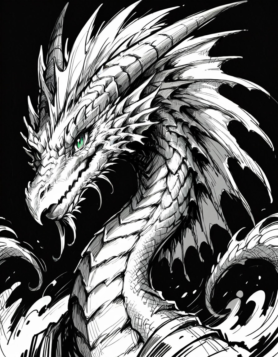 score_9, score_8_up, score_7_up,  <lora:Messy Sketch Style:1>, monochrome, dragon, black background, portrait, hons, long neck, red green eyes,