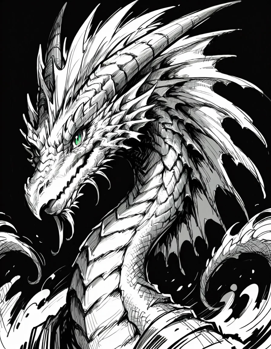 score_9, score_8_up, score_7_up, <lora:Messy Sketch Style:1>, monochrome, dragon, black background, portrait, hons, long neck, red green eyes,