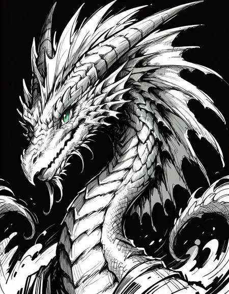 score_9, score_8_up, score_7_up,  <lora:Messy Sketch Style:1>, monochrome, dragon, black background, portrait, hons, long neck, red green eyes,