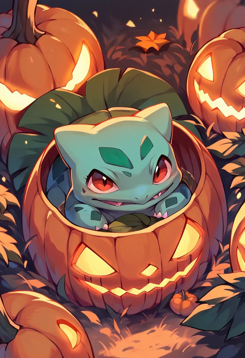 score_9, score_8_up, score_7_up, score_6_up, score_5_up, <lora:halloweenpokemonXLP:0.7> halloween pokemon, no humans, jack-o'-lantern, (bulbasaur:1)