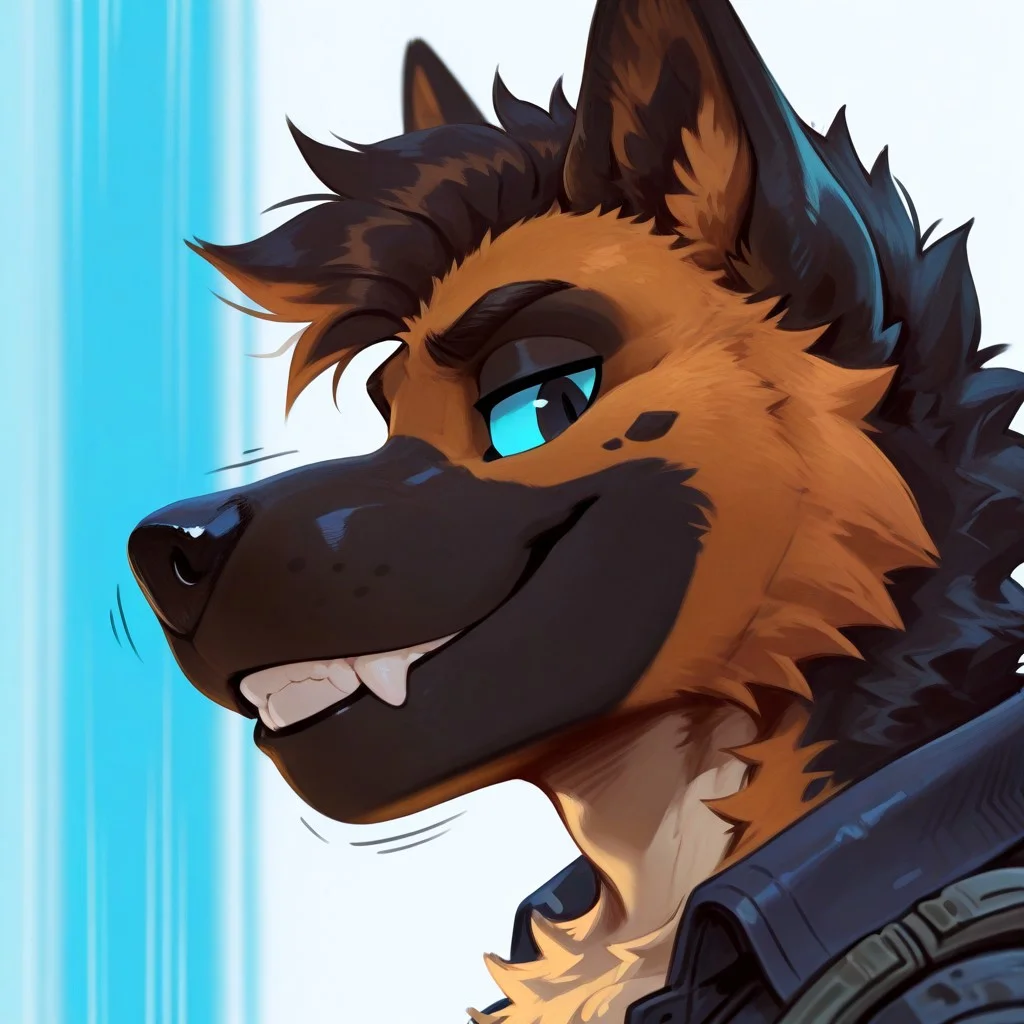 best quality, amazing quality, high resolution, masterpiece, very aesthetic, absurdres, newest, motion lines, simple art, depth of field, dutch angle, source_anime, uncensored, furry, furry male, anthro, detailed fur,
by bakeboy, MF9f, film grain, abstract background, colorful background, looking at viewer, smile, side view, (((headshot))), (((neon blue sclera, black eyes))), ((artistic, creative)),
ring3r, german shepherd, brown fur, black fur, teeth, canine, black nose