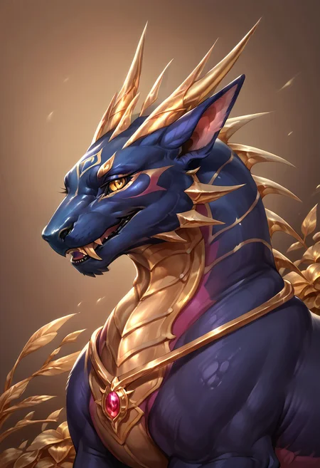 score_9, score_8_up, score_7_up, score_6_up, solo, masterpiece, ultradetailed, by reallynxgirl, Eothos, Furry dragon,((feral)), close-up, portrait, fangs, ((shiny gold eyes without pupils)), detailed background