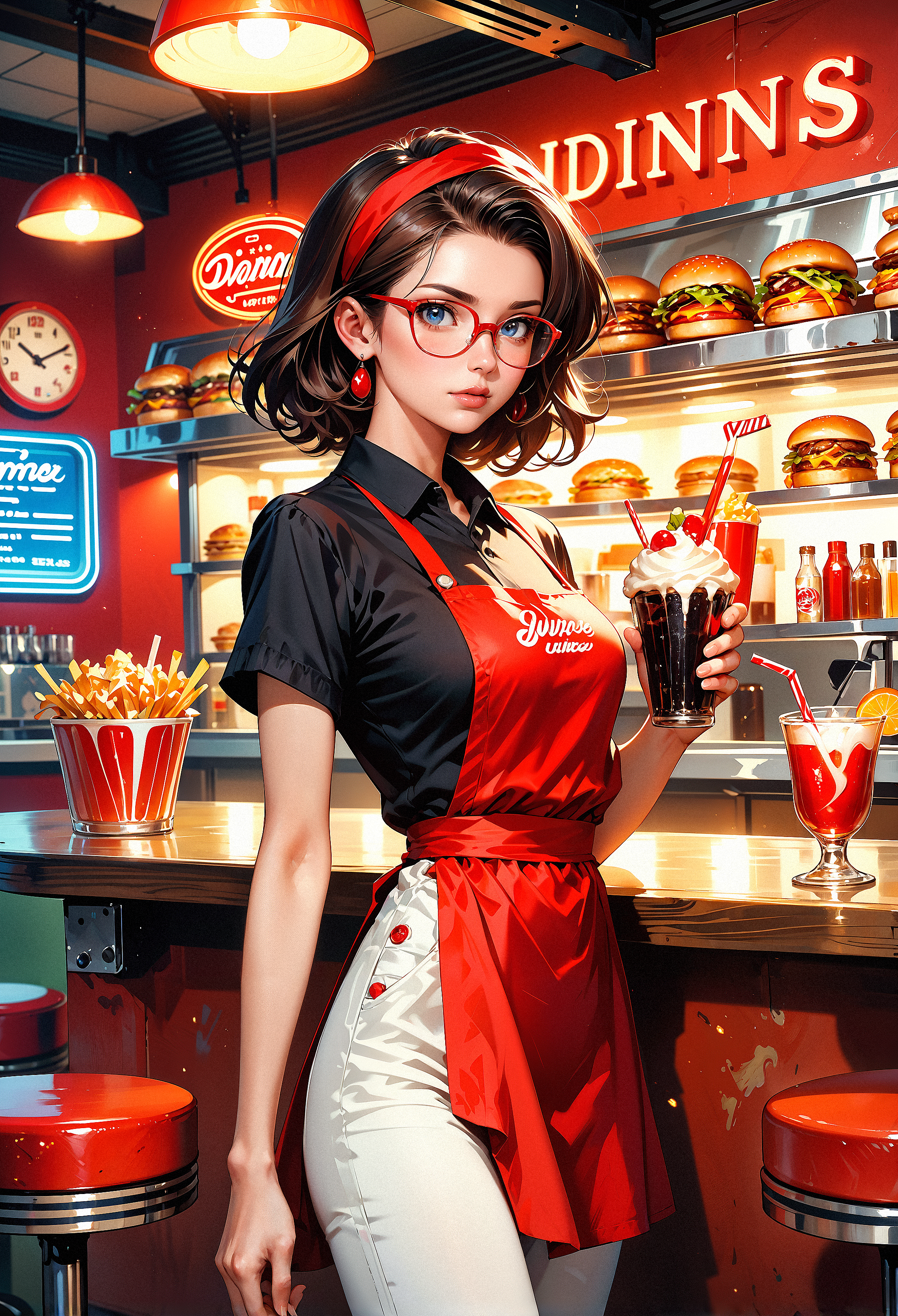 (score_9, score_8_up), score_7_up,  solo, 1girl, brunette, medium-length hair, red headband, red apron, black shirt, white pants, standing, diner, retro, 1950s, wooden counter, jukebox, soda glasses, milkshake, burgers, fries, condiments, clock, wall menu, neon lights, stools, red cushioned stools, vintage, warm lighting, cozy atmosphere, attractive, cute, medium breast size, slim build, light skin, casual outfit, American diner, retro decor, detailed textures, restaurant setting, nostalgic, retro diner, beverage, food, counter, service area, diner counter, classic, detailed background, realistic lighting, inviting, friendly, welcoming, relaxed, high resolution, digital art,  embedding:zPDXL,  <lora:PonyMythAn1m3V2:0.8>