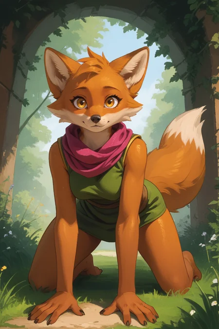 score_9,score_8_up,score_7_up,rating_explicit,from below,looking at viewer,forshotening,cute,short stature,
1girl,fox girl,ruin seeker,solo,canid,yellow eyes,gold eyes,fox,anthro,breasts,orange body,dipstick tail,orange fur,brown feet,tail,tail markings,markings,green clothes,tunic,sleeveless,red scarf,miniskirt,short skirt,gold sparkle,
on all fours,
expressiveh,painterly,faux traditional media,
<lora:Expressive_H-000001:0.5>,<lora:incase_2024_style_v2:0.5>,<lora:VGC_TUNIC_XL:0.8>,<lora:Faux Oil Painting Style LoRA_Pony XL v6:0.4>,<lora:Zootopia_style:0.4>,