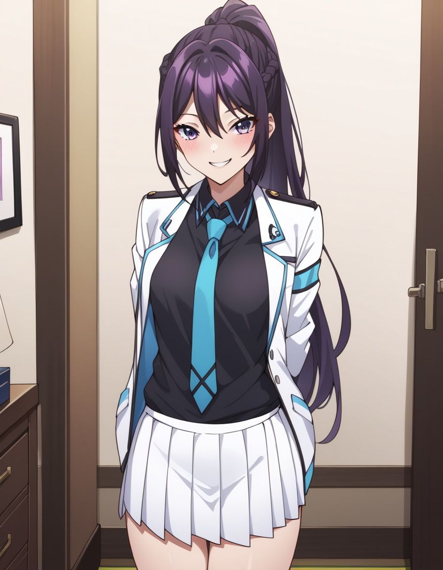 score_9, score_8_up, score_7_up, source_anime, uncensored, <lora:StS_detail_slider_v1:3>, zPDXLxxx, <lora:Rin_Kanzaki_PONYXL_VexVexX:1>, RinKanzaki, 1girl, purple eyes, purple hair, ponytail, long hair, braid, bangs, hair between eyes, bangs, medium-small breasts, school uniform, white jacket, white skirt, black shirt, blue necktie, cowboy shot, bedroom, from front, standing, hands behind back, looking at view, thighs, smile,