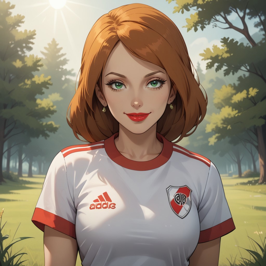score_9, score_8, BREAK, solo, light brown hair, green eyes, red lips, lipstick, earrings, RiverPlate, striped shirt, striped, shirt, white shirt, short sleeves, clothes writing, sportswear, soccer uniform, breasts, Scarlet_(Sonic_X), sexy pose, self portrait, smile, looking at viewer, outdoors, sunlight, shadows, evening lighting, natural lighting, forest, trees, grass, orange sky, sunset