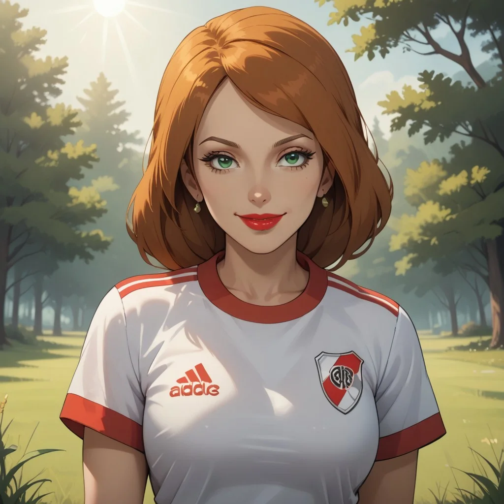 score_9, score_8, BREAK, solo, light brown hair, green eyes, red lips, lipstick, earrings, RiverPlate, striped shirt, striped, shirt, white shirt, short sleeves, clothes writing, sportswear, soccer uniform, breasts, Scarlet_(Sonic_X), sexy pose, self portrait, smile, looking at viewer, outdoors, sunlight, shadows, evening lighting, natural lighting, forest, trees, grass, orange sky, sunset