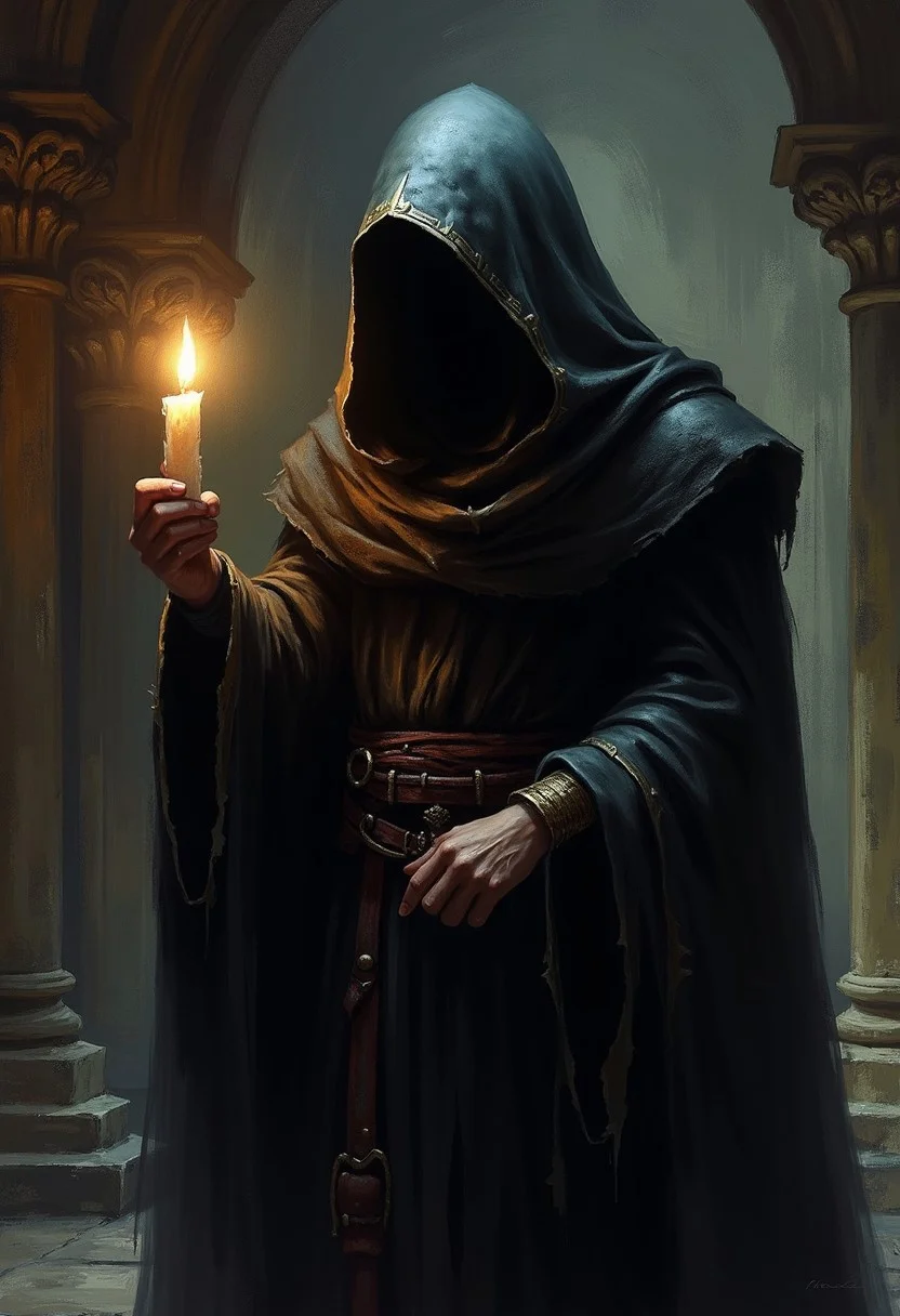An atmospheric and powerful dark fantasy, natural organic and impressionist classical-style upper body portrait painting of a hooded cultist holding a glowing candle. His face is obstructed by dark hood. Hooded cultist standing in dimly lit gothic cathedral. Detailed hand.