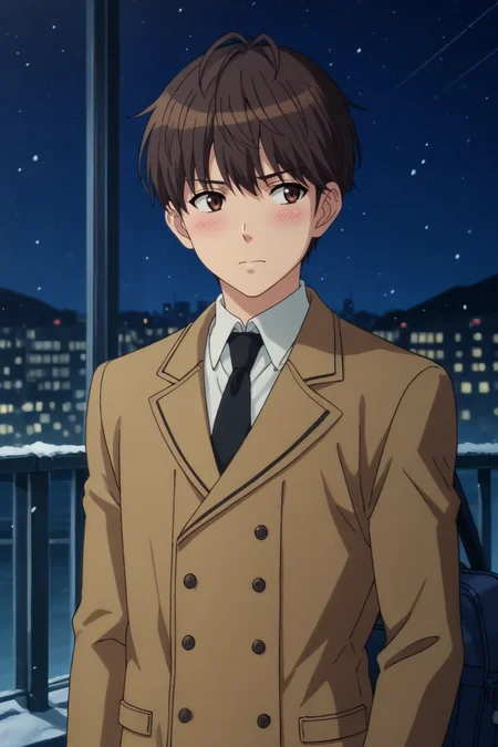 score_9, score_8_up, score_7_up,score_6_up,score_5_up,score_4_up,source_anime,BREAK, rating_safe, intricate details, , anime screencap, anime coloring, official style, depth of field,1boy, solo, male focus, <lora:shouichi:0.98>,shouichi kamita,brown hair,brown eyes,bangs,short hair,blush, shirt, long sleeves, gloves, closed mouth, white shirt, upper body, necktie, collared shirt, bag, coat, looking to the side, buttons, curtains, black necktie, brown gloves, school bag, shoulder bag, double-breasted,outdoors,night,city,snow, , , ,  <lora:sdxl_lightning_8step_lora_315544:1>