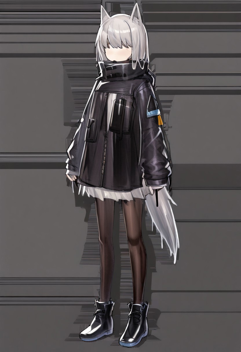 (((One girl))),white hair,wolf ears, jacket,round face
pantyhose,, black footwear, wolf tail,jacket,
Grey indoor background 
((((slime (substance))))))
