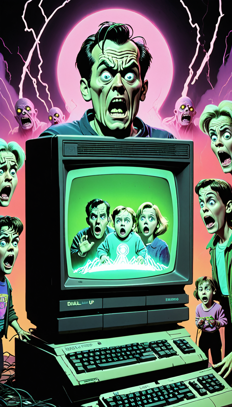VHS Cover art depicting a family looking horrified at a gigantic glowing 56k modem with ghostly figures emerging from the CRT computer screen. (Include title text "DIAL-UP DESPAIR" in bold neon 90s font at the top.:1.5)  <lora:Everly_Heights_TaleSpinner_Pony_XL:1>