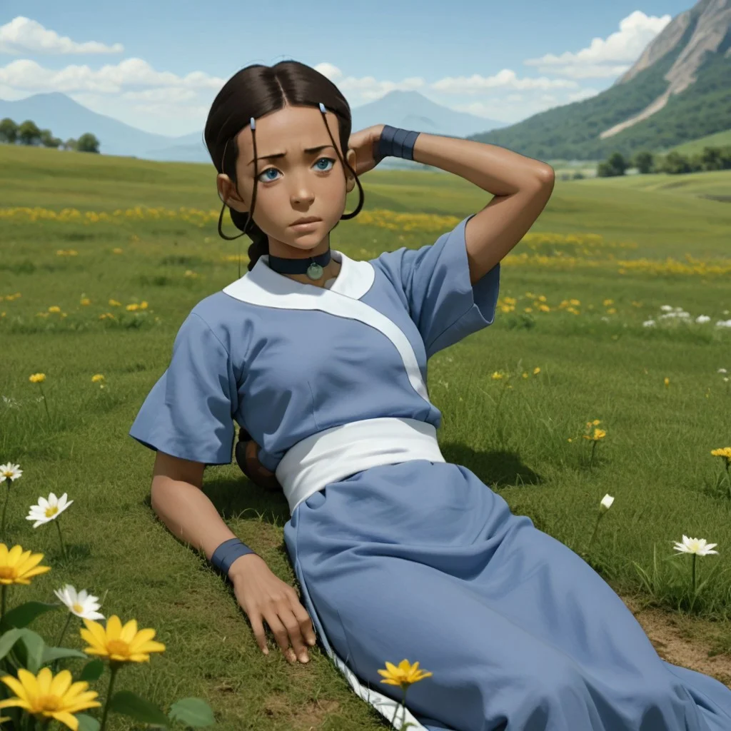 katara, long hair, blue eyes, brown hair, black hair, hair ornament, hairclip, braid, single braid, braided ponytail, dark skin, dark-skinned female, choker, short sleeves, robe, blue robe, sash.
Beautiful girl Katara laying down in the grass with flowers on a summer field, with mountains in the background, arms behind her head and eyes closed, legs to the side of her body.