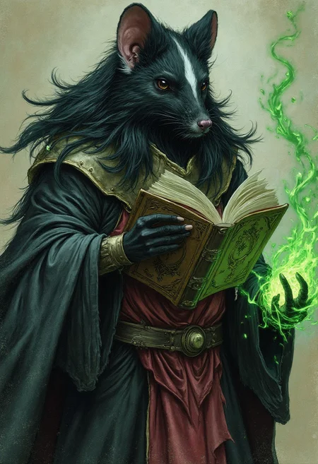 Hand drawn storybook illustration of a black mouseguard skunk a white stripe with long hair, he is a warlock conjuring dark magic, he is wearing leather armor under ancient robes, in one hand he is holding the evil book the Necronomicon, with his other hand he is summoning whisps of green magic from the book.