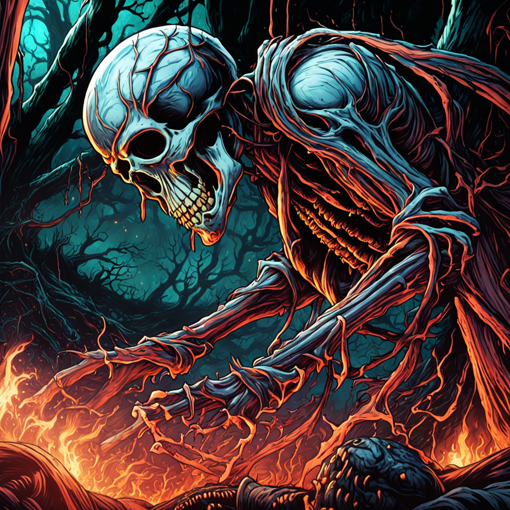 professional 3d model breathtaking anime artwork skeleton mage deep glowing eyes casting a (fire spell:1.4) wearing tethered appeal, horrible terror, gore, blood, in a (dark:1.3) dungeon by dnmumfrd <lora:dan_mumford_v1:1.7> cornell box . key visual, vibrant, studio anime, highly detailed . award-winning, professional, highly detailed . octane render, highly detailed, volumetric, (dramatic lighting, rim lighting:3), (dark horror theme:3) (illustration:2), (cracked skull:1.5) cel shading, (perfect drawing:2), cinematic film still  . shallow depth of field, vignette, highly detailed, high budget, bokeh, cinemascope, moody, epic, gorgeous, film grain, grainy, breathtaking  . award-winning, professional, highly detailed, horror-themed  . eerie, unsettling, dark, spooky, suspenseful, grim, highly detailed, disco-themed  . vibrant, groovy, retro 70s style, shiny disco balls, neon lights, dance floor, highly detailed, long exposure photo of  . Blurred motion, streaks of light, surreal, dreamy, ghosting effect, highly detailed
