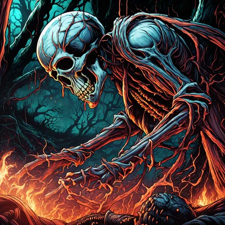 professional 3d model breathtaking anime artwork skeleton mage deep glowing eyes casting a (fire spell:1.4) wearing tethered appeal, horrible terror, gore, blood, in a (dark:1.3) dungeon by dnmumfrd <lora:dan_mumford_v1:1.7> cornell box . key visual, vibrant, studio anime, highly detailed . award-winning, professional, highly detailed . octane render, highly detailed, volumetric, (dramatic lighting, rim lighting:3), (dark horror theme:3) (illustration:2), (cracked skull:1.5) cel shading, (perfect drawing:2), cinematic film still . shallow depth of field, vignette, highly detailed, high budget, bokeh, cinemascope, moody, epic, gorgeous, film grain, grainy, breathtaking . award-winning, professional, highly detailed, horror-themed . eerie, unsettling, dark, spooky, suspenseful, grim, highly detailed, disco-themed . vibrant, groovy, retro 70s style, shiny disco balls, neon lights, dance floor, highly detailed, long exposure photo of . Blurred motion, streaks of light, surreal, dreamy, ghosting effect, highly detailed