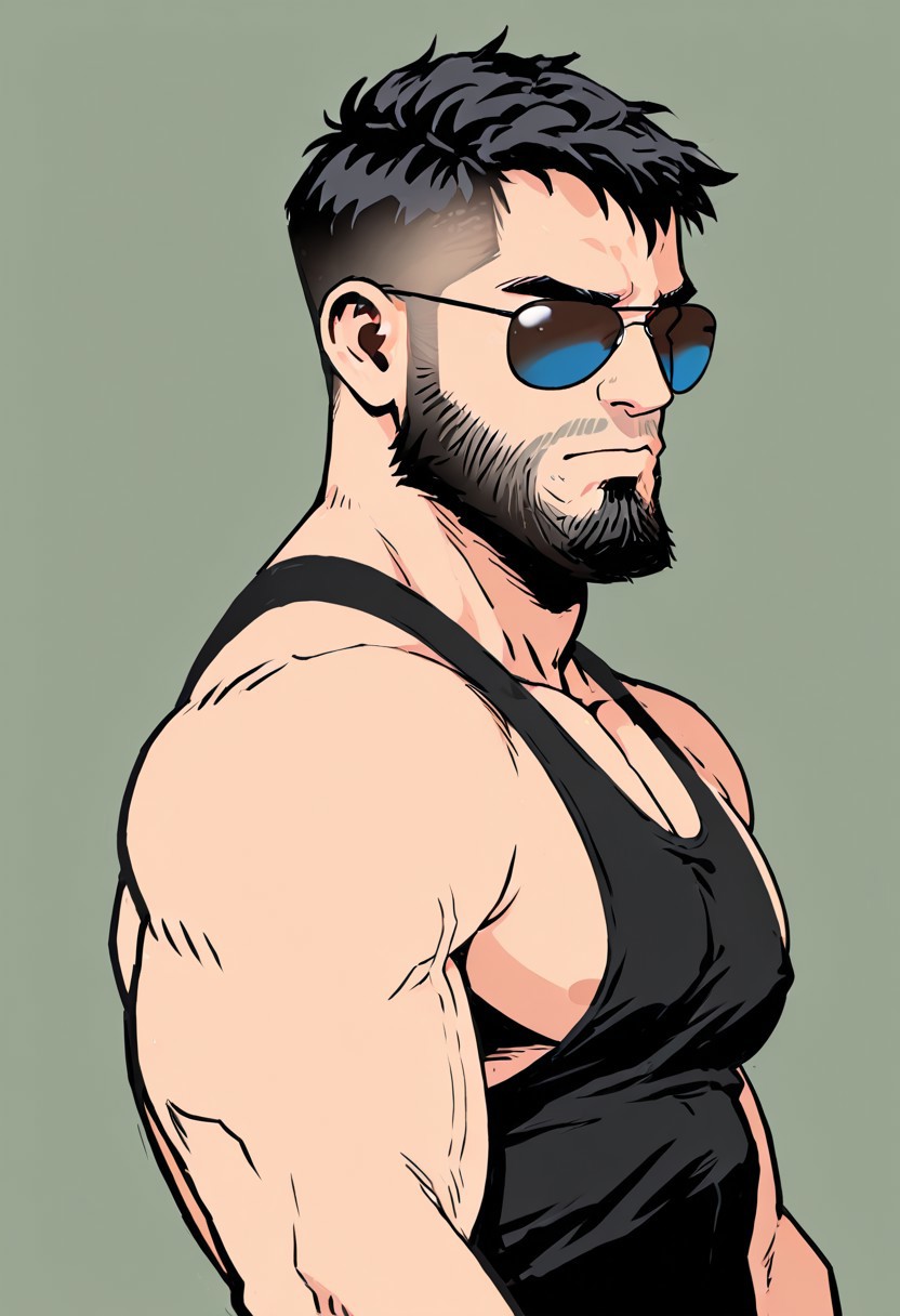 masterpiece, amazing quality, best quality, high quality, perfect quality, detailed lineart, digital drawing, 2D style, 2D, intrincated details, well-balanced features, absurdres, newest, 1boy, solo, male only, male focus, mature male, masculine, manly, hunk, daddy, bara, DeniOC, black hair, sunglasses, closed mouth, facial hair, beard, muscular, black tank top, large pectorals, upper body,
