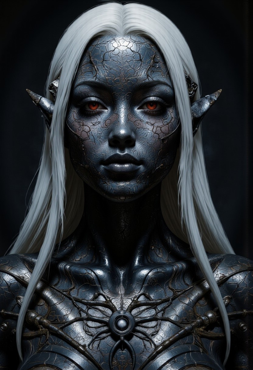 An extreme closeup portrait for an enigmatic and otherworldly woman with intricately textured metallic skin, their face and body adorned with elaborate biomechanical patterns that ripple like living armor. The figure's piercing crimson eyes glow with an intense, otherworldly energy, contrasting sharply with the cool, dark tones of their neck and face. Long, silver-white hair cascades down their back, enhancing their ethereal and alien appearance. The dimly lit, shadowy background emphasizes their enigmatic presence, evoking a sense of mystery and power.