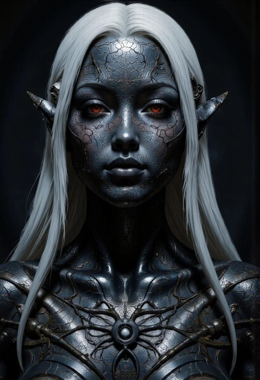 An extreme closeup portrait for an enigmatic and otherworldly woman with intricately textured metallic skin, their face and body adorned with elaborate biomechanical patterns that ripple like living armor. The figure's piercing crimson eyes glow with an intense, otherworldly energy, contrasting sharply with the cool, dark tones of their neck and face. Long, silver-white hair cascades down their back, enhancing their ethereal and alien appearance. The dimly lit, shadowy background emphasizes their enigmatic presence, evoking a sense of mystery and power.