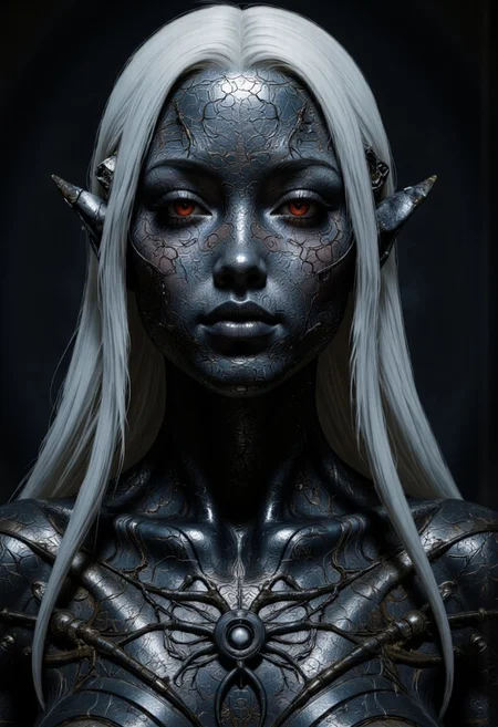 An extreme closeup portrait for an enigmatic and otherworldly woman with intricately textured metallic skin, their face and body adorned with elaborate biomechanical patterns that ripple like living armor. The figure's piercing crimson eyes glow with an intense, otherworldly energy, contrasting sharply with the cool, dark tones of their neck and face. Long, silver-white hair cascades down their back, enhancing their ethereal and alien appearance. The dimly lit, shadowy background emphasizes their enigmatic presence, evoking a sense of mystery and power.