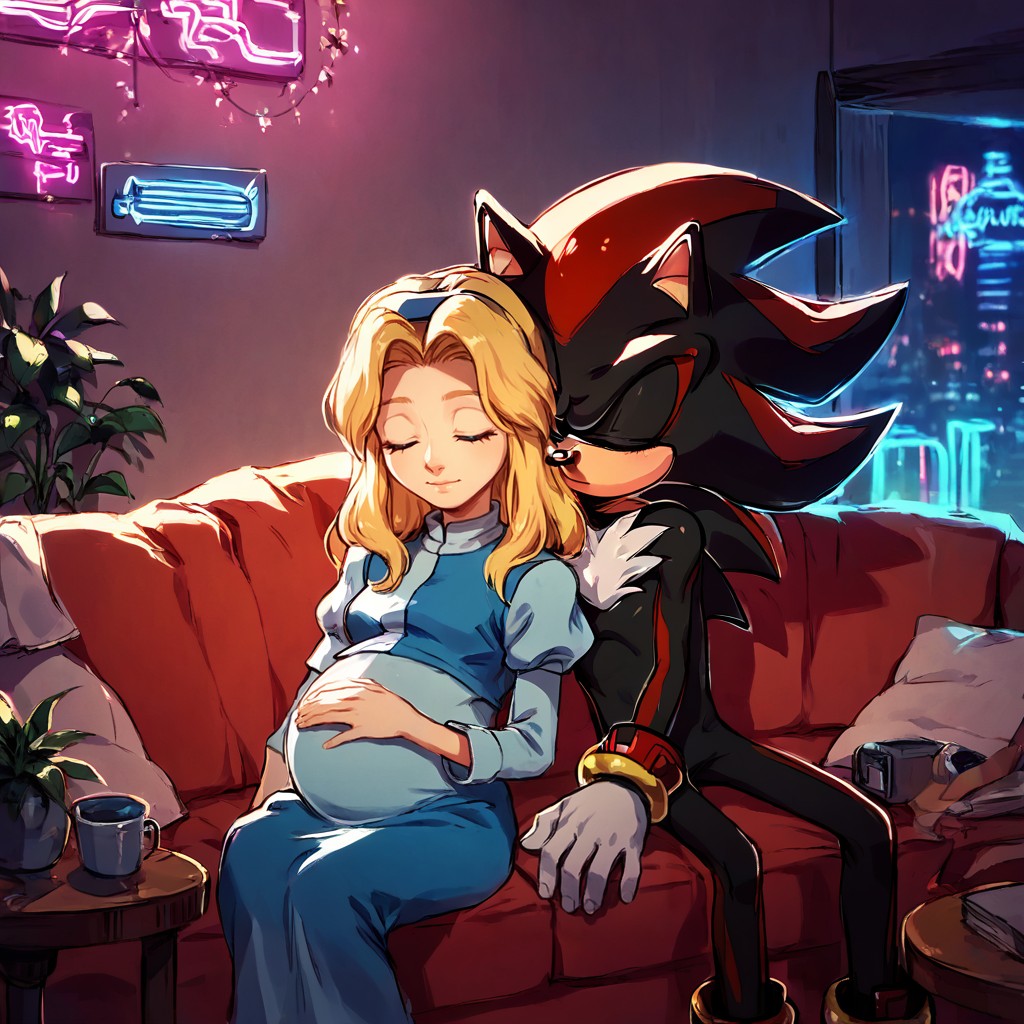 maria robotnik , shadow the hedgehog, couple, thick, neon lights, living room, happy, 1male, 1 female, sitting, sleeping, pregnant , clothed male, clothed female, rating:safe BREAK score_9, score_8_up, score_7_up, <lora:MariaV3:0.8>, <lora:FiinelSDXL:0.55>, <lora:butterchalk_style_pony6_v3:0.55>