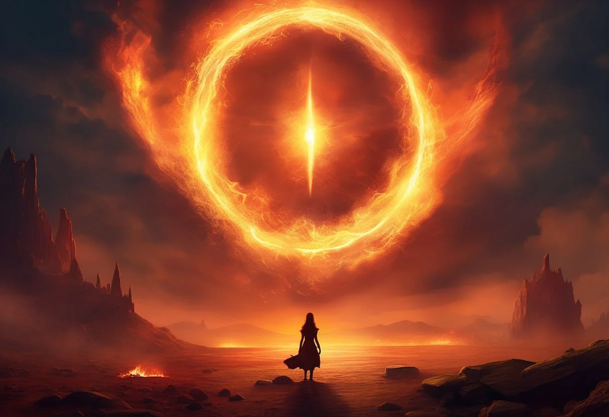 score_9, score_8_up, high quality, fire, 4k, fantasy setting, magic fire, 
massive, wide, scorched landscape littered with burned armor and weapons
kneeling in the middle of the wasteland is a, solo, silohuette of a tiny female sorceress with their hands held up to the sky with two concentric rings of fire above them destroying everything