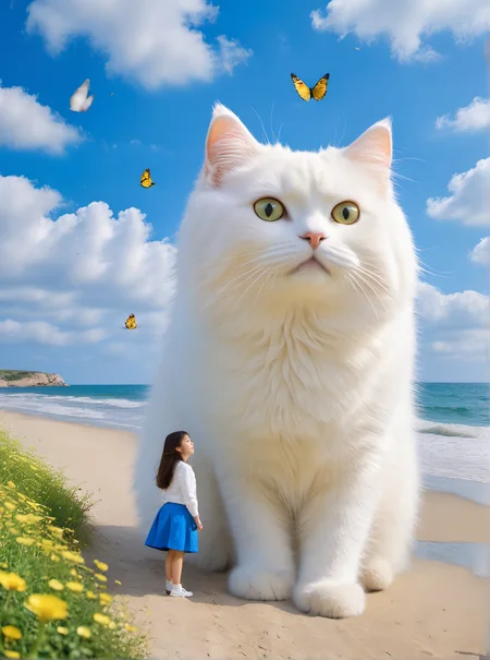 <lora:white cat è¿æV1.0-0008:0.7>,large white cat,a young girl,at the seaside,, (masterpiece, best quality, highres:1.2),