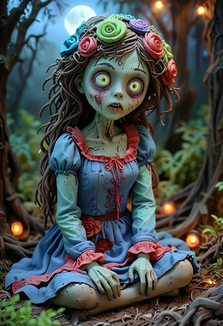 crawling(haunted zombie) feminine, normal body, glowing green eyes, wearing ashen blue decayed blouse, shredded skirt, dirt-covered shoes, blood, haunted hat, set in a creepy forest, with tangled roots, dense underbrush, eerie silence, and hidden dangers, during full moon, Masterpiece,best quality, very aesthetic,