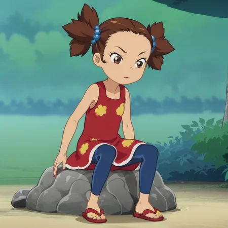score_9_up, score_8_up, BREAK, YunaKamihara, 1girl, solo, brown hair, twintails, brown eyes, hair beads, red dress, blue pantyhose, <lora:YunaKamihara_LiloAndStitch_PXL_Leaf2:1>, outdoors, anime screencap, sitting on rock, sandals,